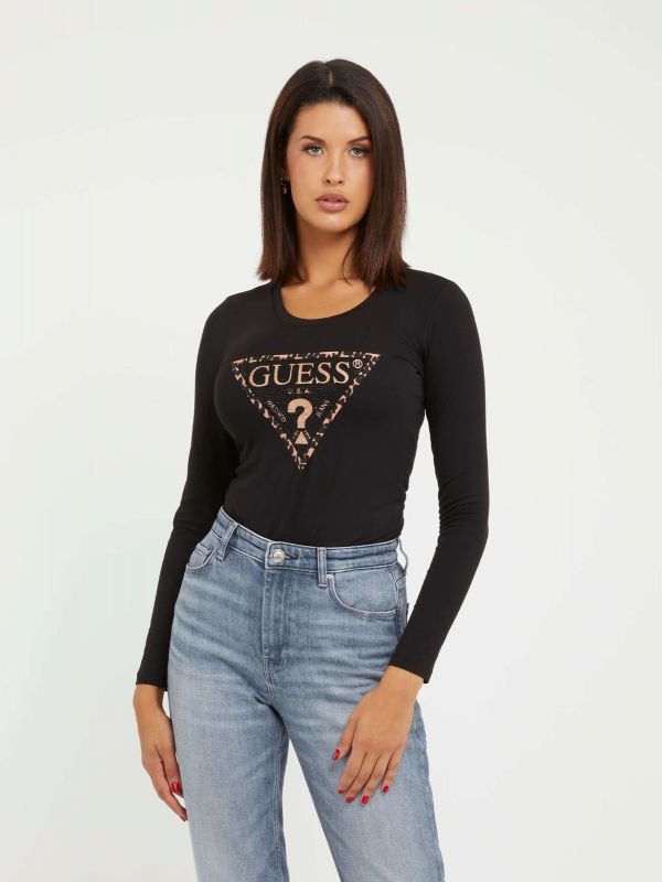 Дамска тениска Guess с триъгълно лого с глитери