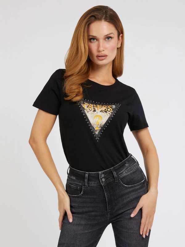 Дамска тениска Guess с триъгълно лого с кристали