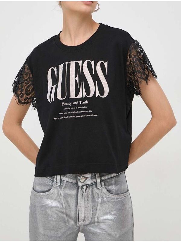 Дамска тениска с дантела и лого с кристалчета от Guess