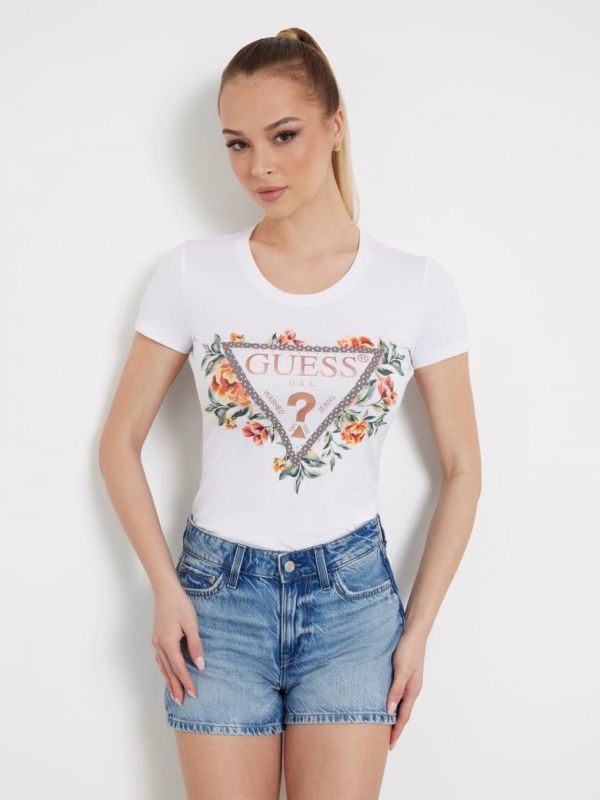 Дамска тениска с лого и цветя от Guess