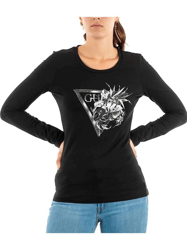 Дамска тениска с дълъг ръкав Guess с триъгълно лого с цветя