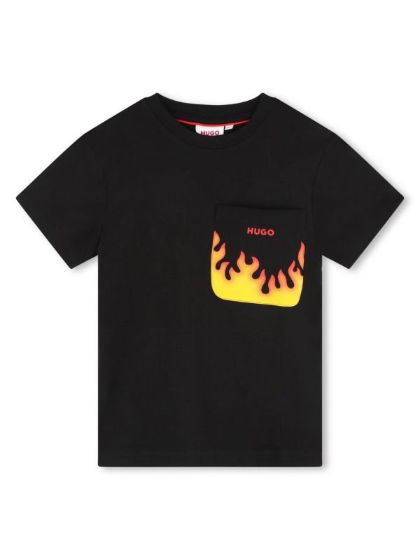 Детска тениска с джобче принт с лого и пламъци за момче от Hugo