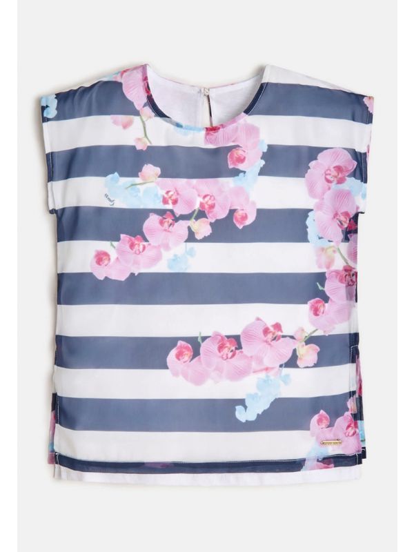 Детска тениска с райе и цветя за момиче