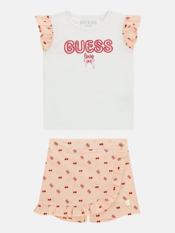 Детски комплект Guess тениска и къси панталони за момиче с принт черешки