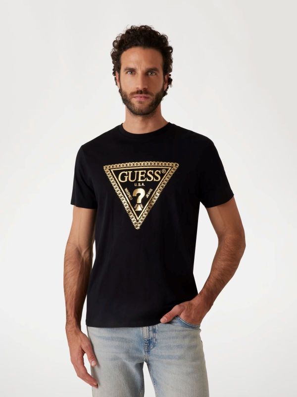 Мъжка тениска Guess с лого в златист цвят