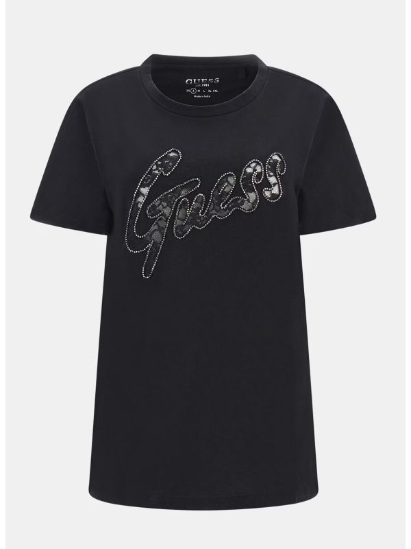 Дамска тениска с дантелен лого надпис и кристали Guess